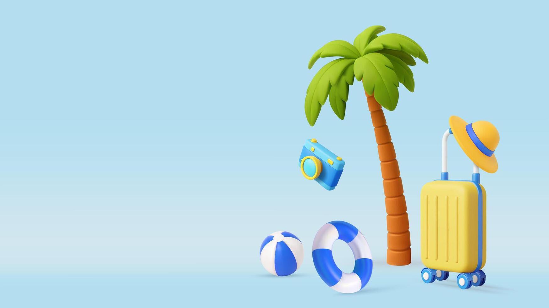 3d Tropical Travel Scene with Luggage and Palm Tree vector