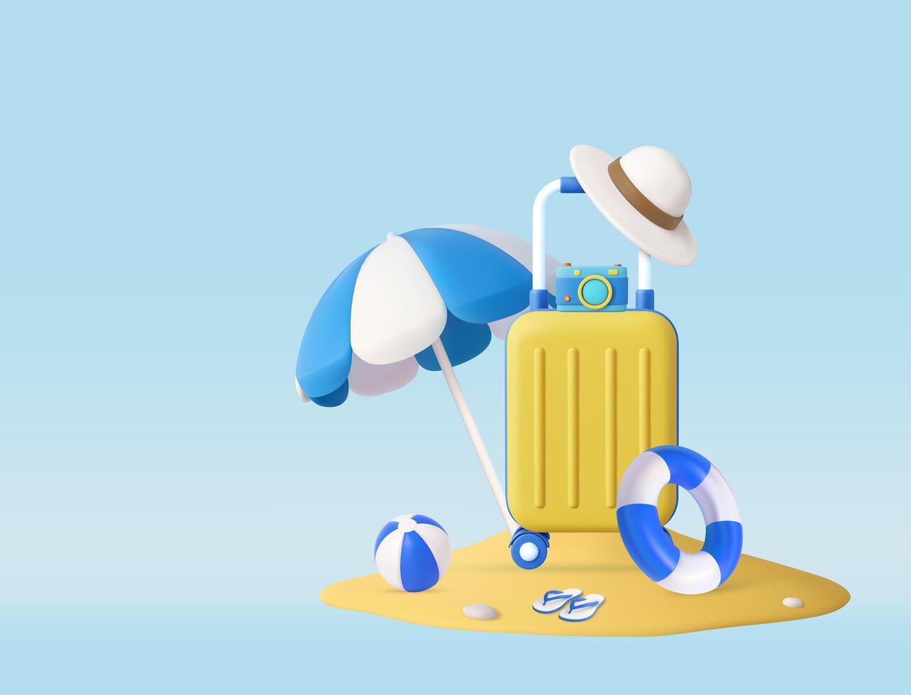 3D Beach Vacation Essentials with Suitcase and Umbrella vector