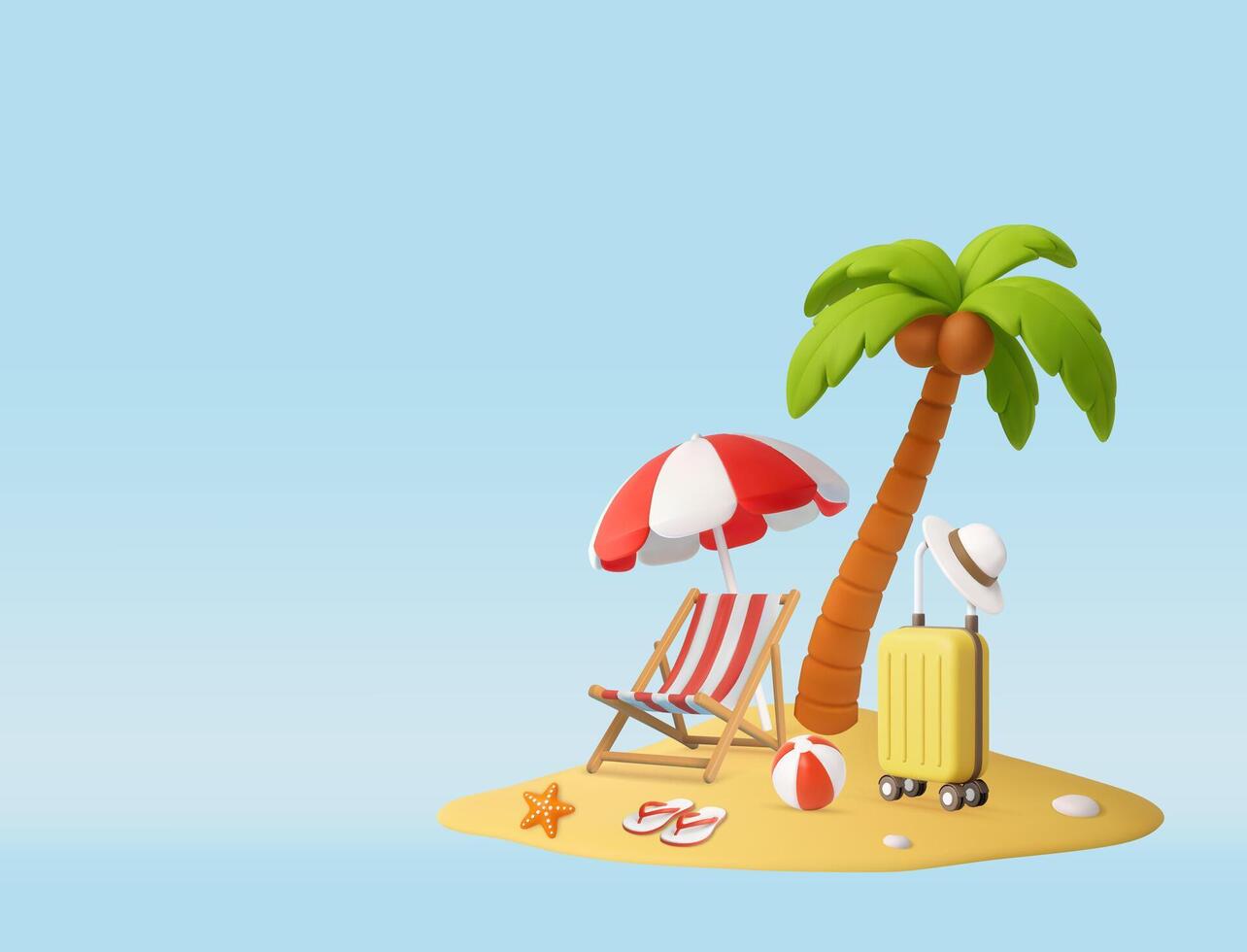 3d Tropical Beach Vacation Setup with Umbrella and Palm vector