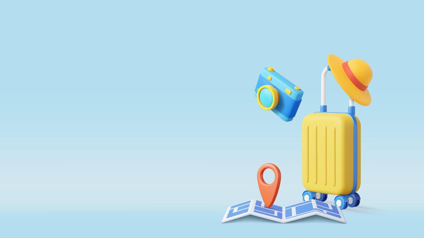 3d Travel Luggage with Map, Camera and Hat vector