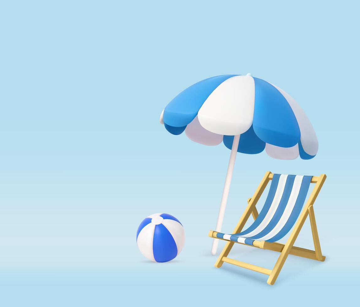 3D umbrella and chair and beach ball vector