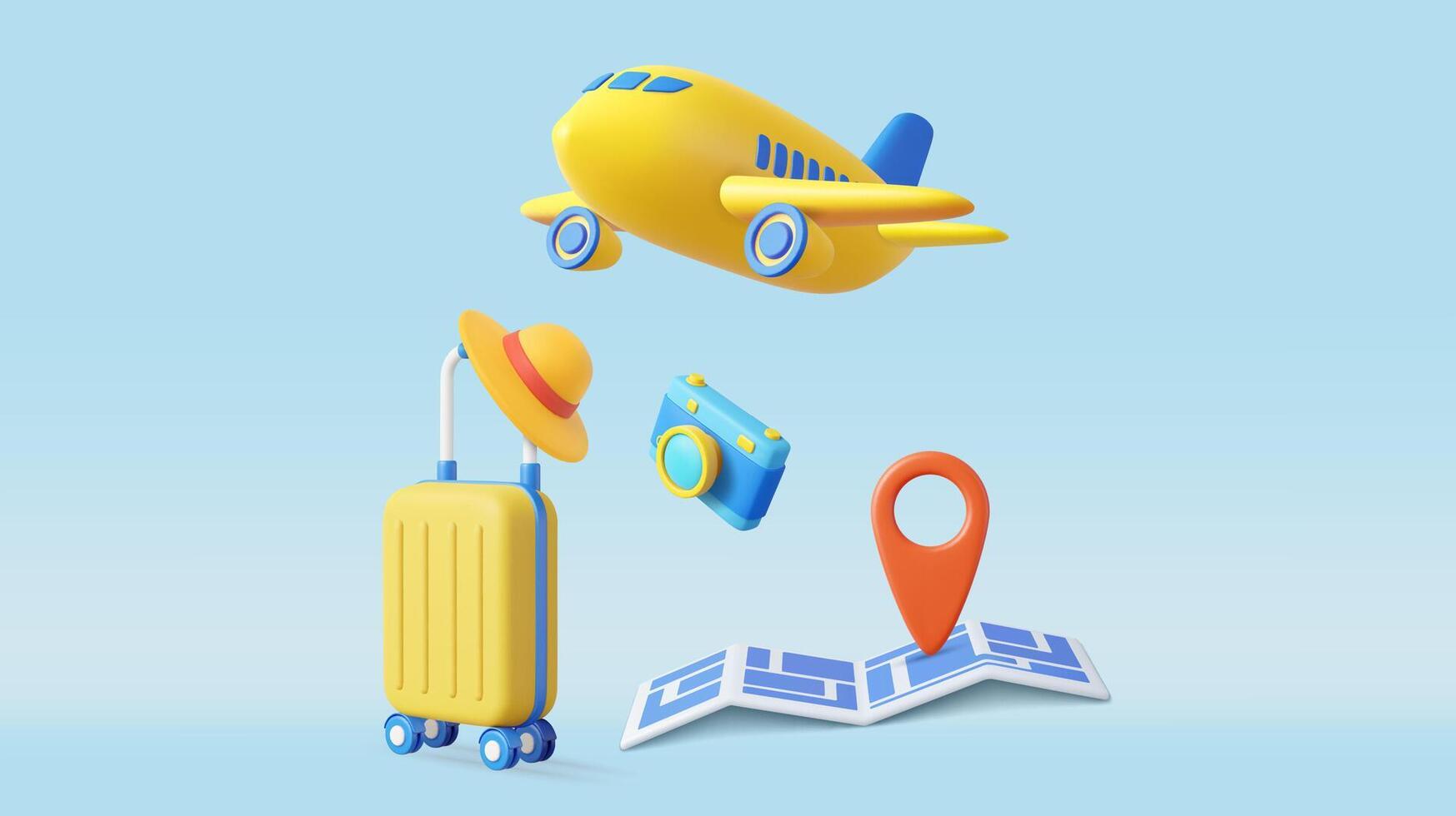 3d Air Travel Concept with Luggage and Map, camera vector