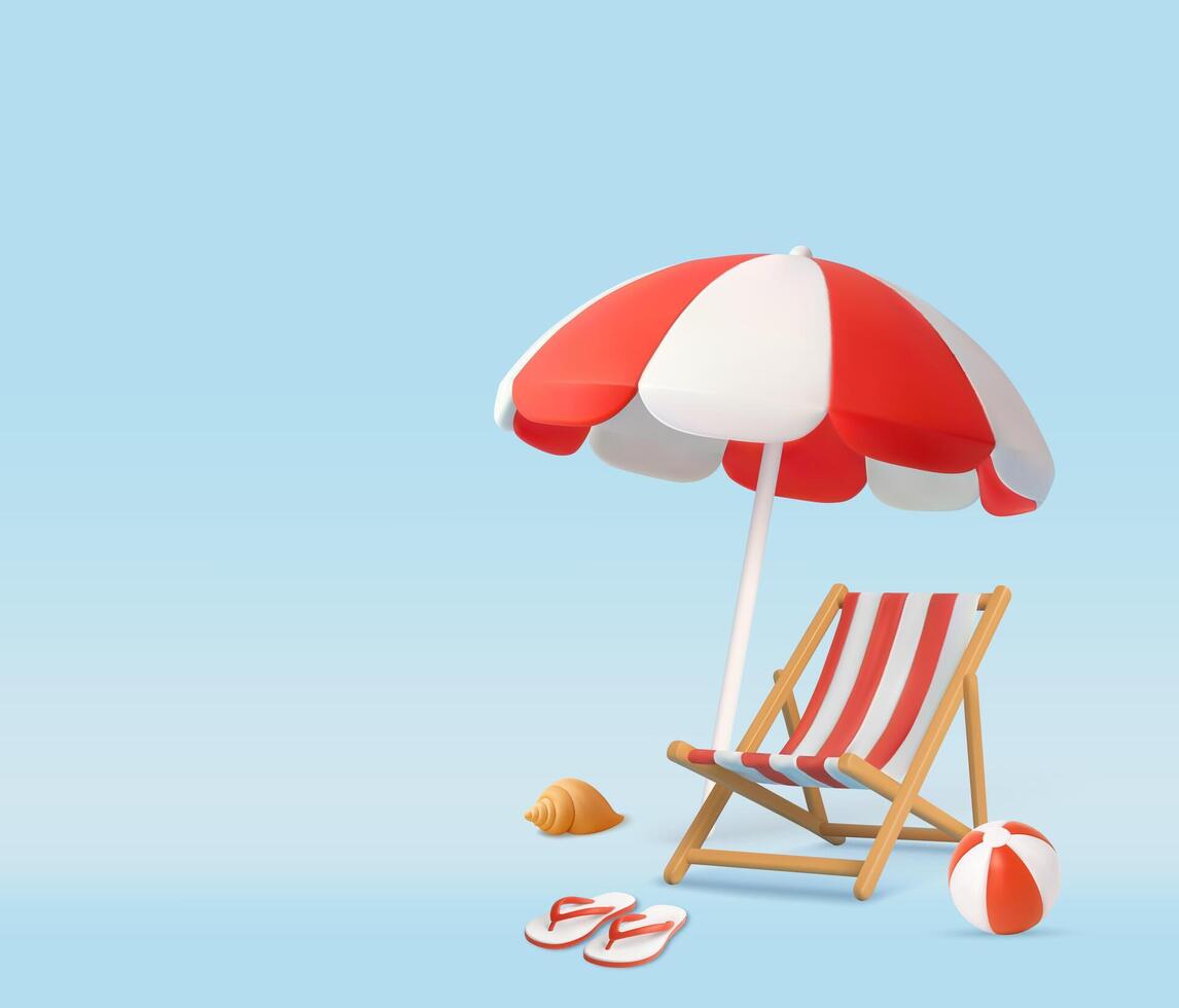 3d Beach Chair and Umbrella with Summer Accessories. vector
