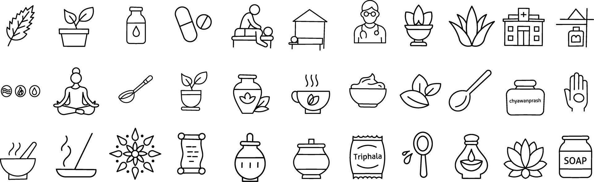 33 Ayurveda and Herbal Wellness Line Icons Outline Set vector
