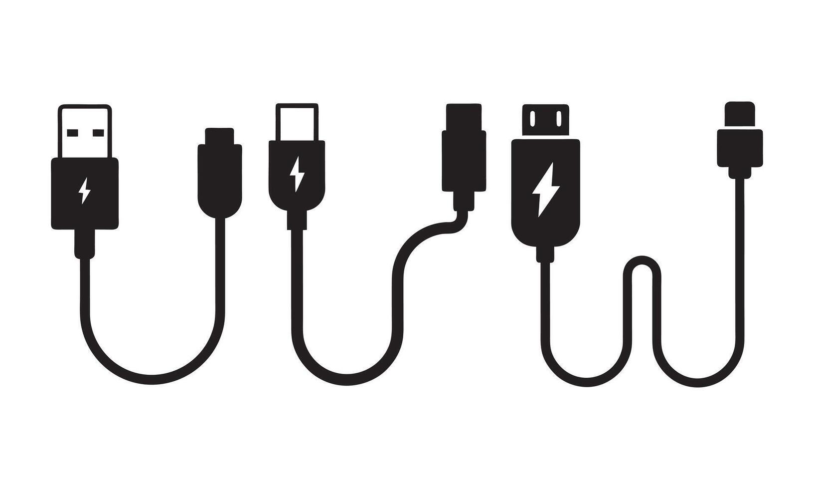 Variety of Modern Charging Cables for Mobile Devices, cable Technology and gadget, micro usb cable, black isolated silhouette vector