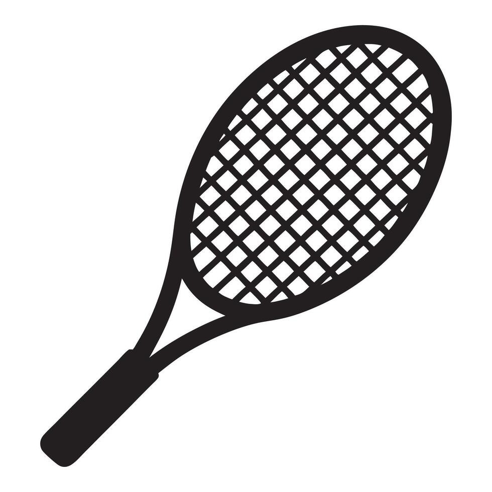 Simple black and white tennis racket graphic, Tennis racket black silhouette, icon isolated on white background. Simple flat design. illustration. vector