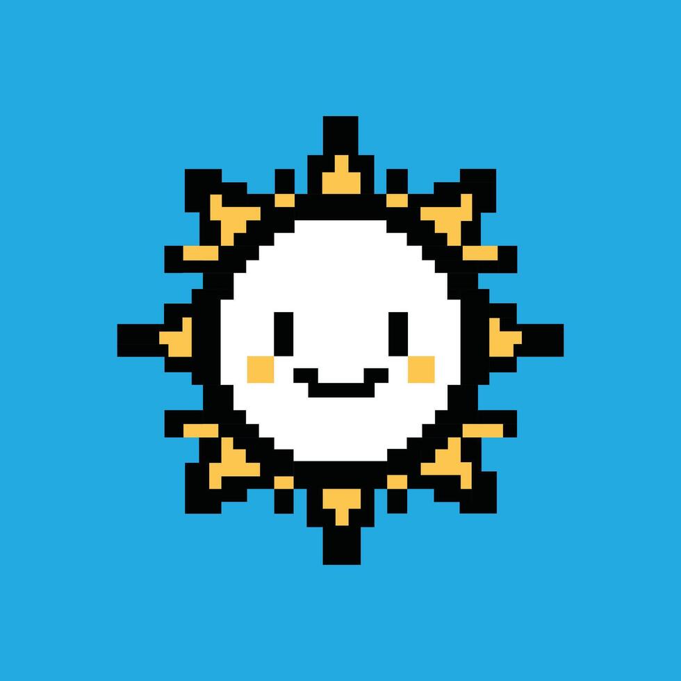 Cheerful pixel art sun with smiling face and minimalist rays with blue background vector