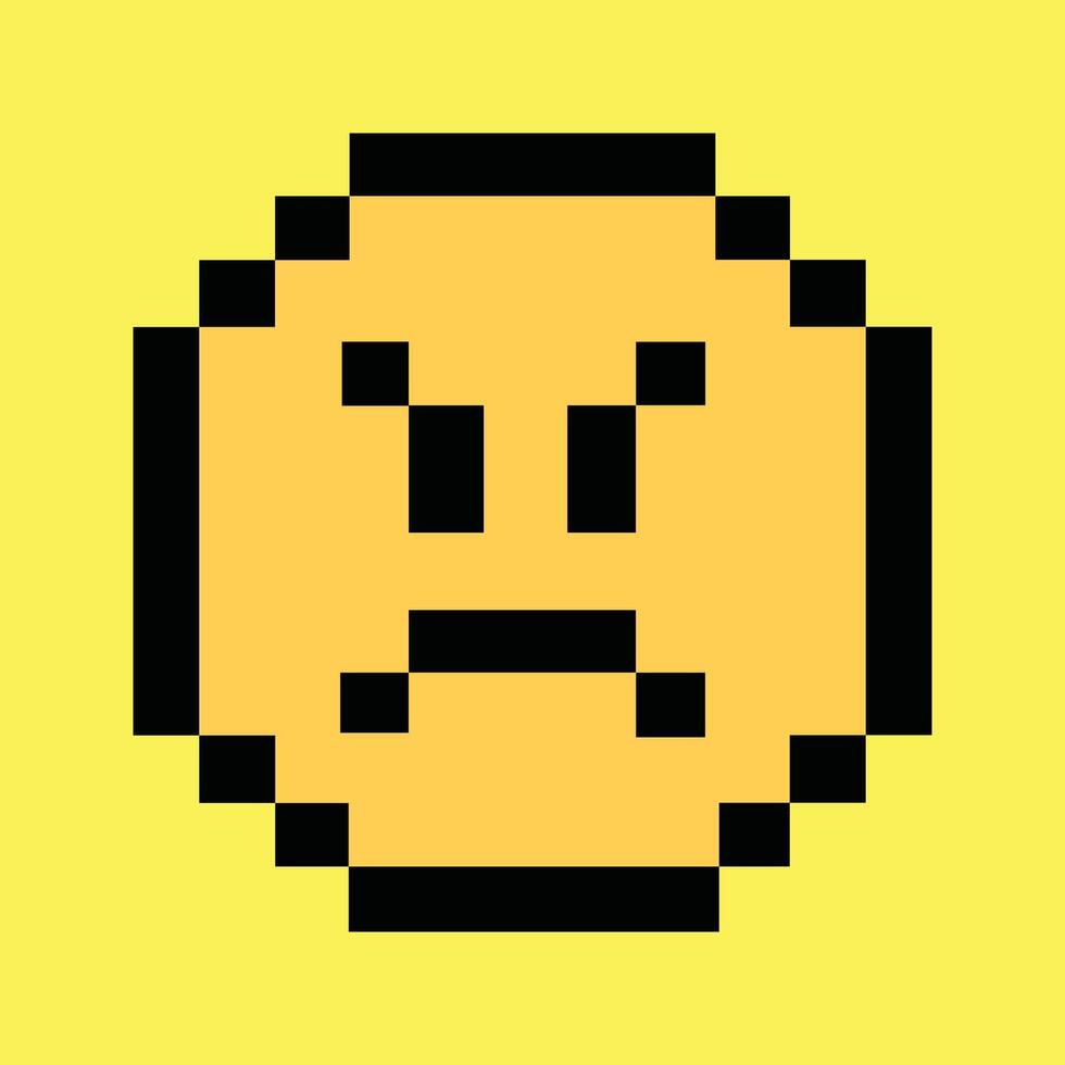 Retro 8-bit angry face icon on vibrant neon yellow pixel background vector