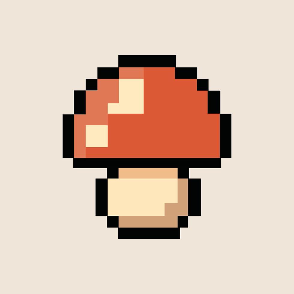 Classic pixel mushroom on warm beige forest floor background vector