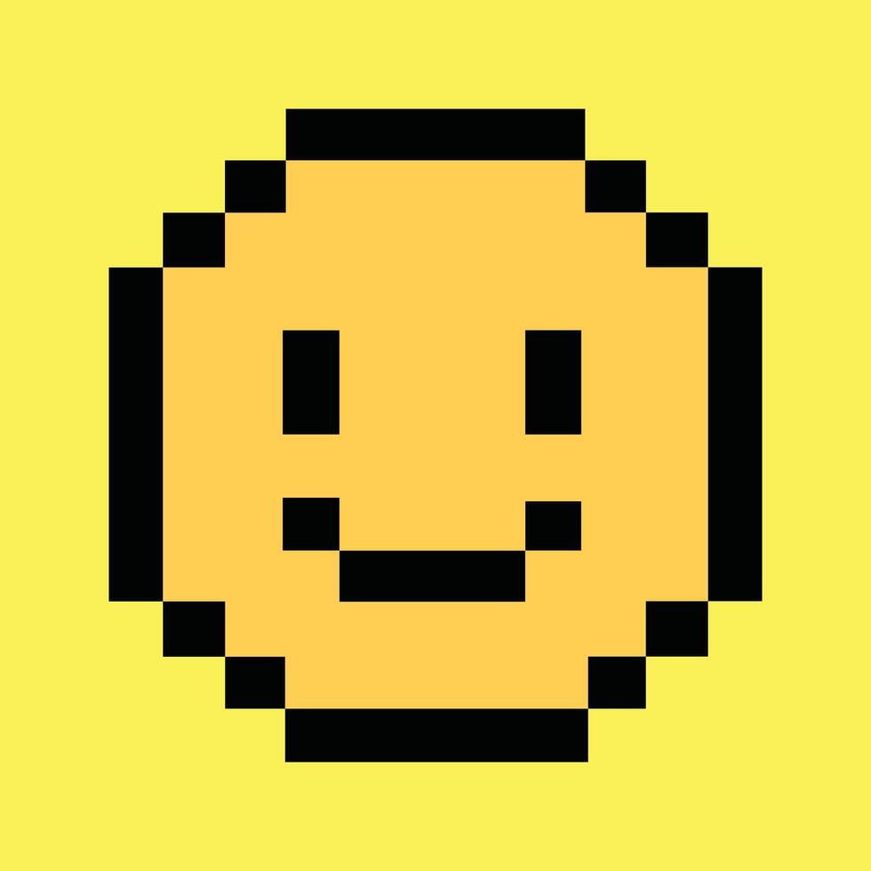Retro 8-bit happy face icon on vibrant neon yellow pixel background. vector