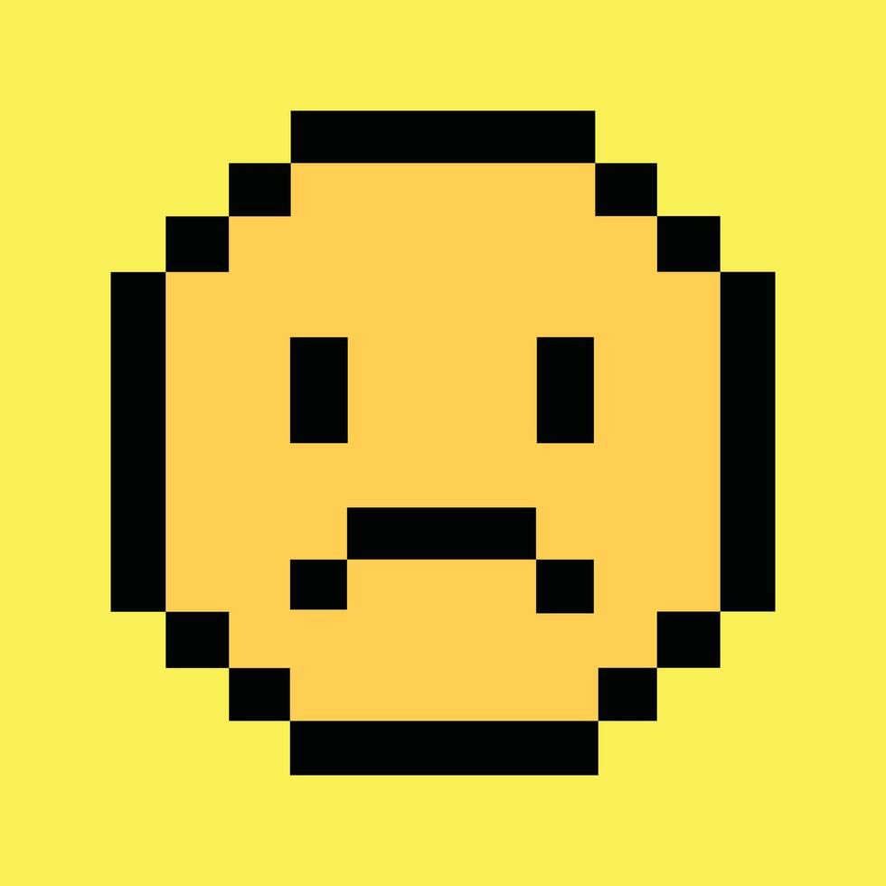 Retro 8-bit sad face icon on vibrant neon yellow pixel background vector