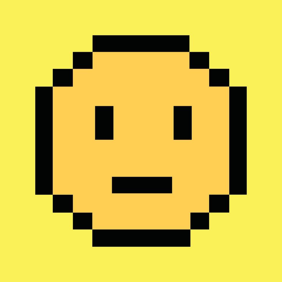 Retro 8-bit neutral face icon on vibrant neon yellow pixel background vector