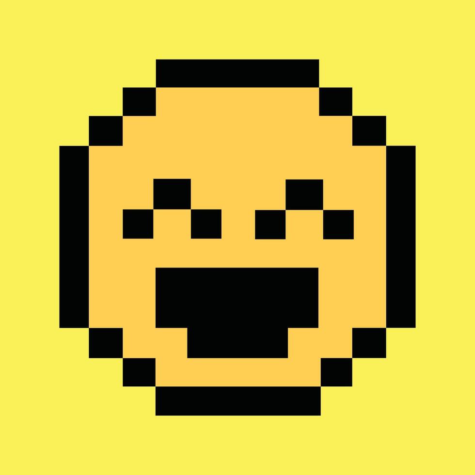Retro 8-bit laughing face icon on vibrant neon yellow pixel background vector