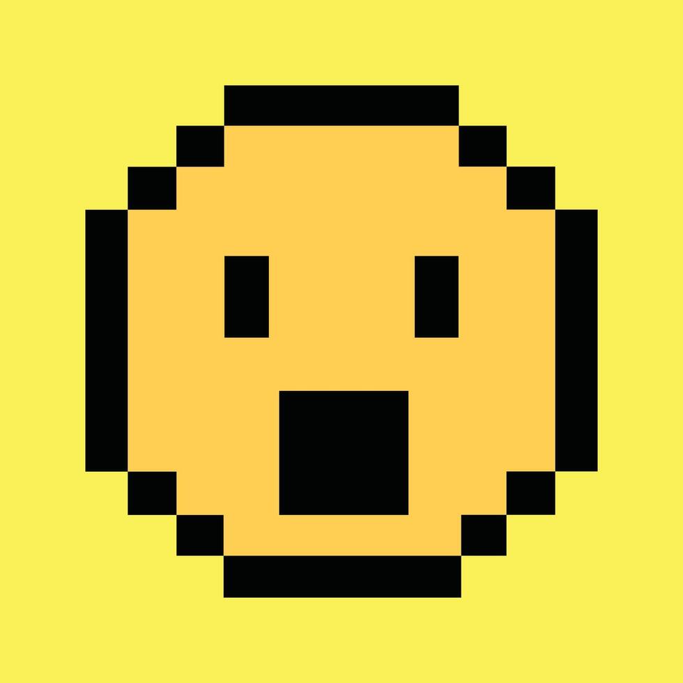 Retro 8-bit surprised face icon on vibrant neon yellow pixel background vector