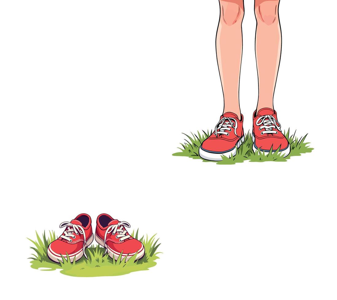 woman wearing red sneakers standing on grass with second pair of shoes on ground vector