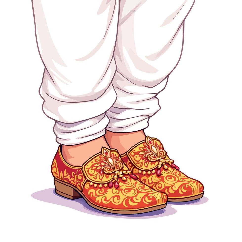 groom wearing traditional indian wedding shoes and white trousers vector