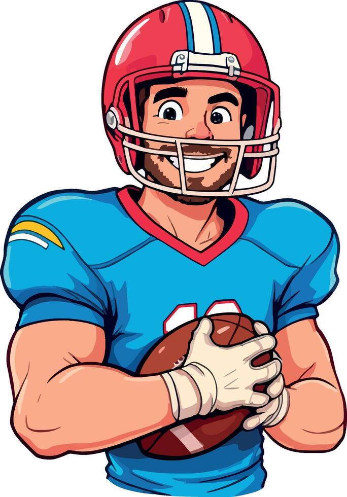 smiling american football player holding ball and wearing helmet vector
