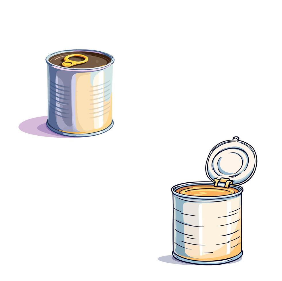 closed and opened tin cans containing food preserves vector