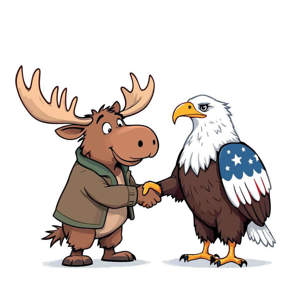 moose shaking hands with american eagle, cartoon animals embracing patriotism vector