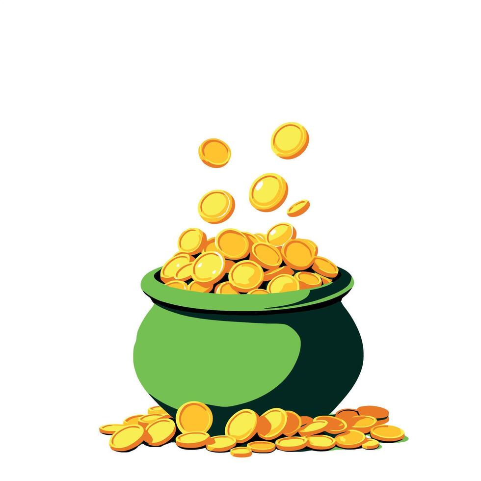 green pot overflowing with falling gold coins representing wealth and abundance vector