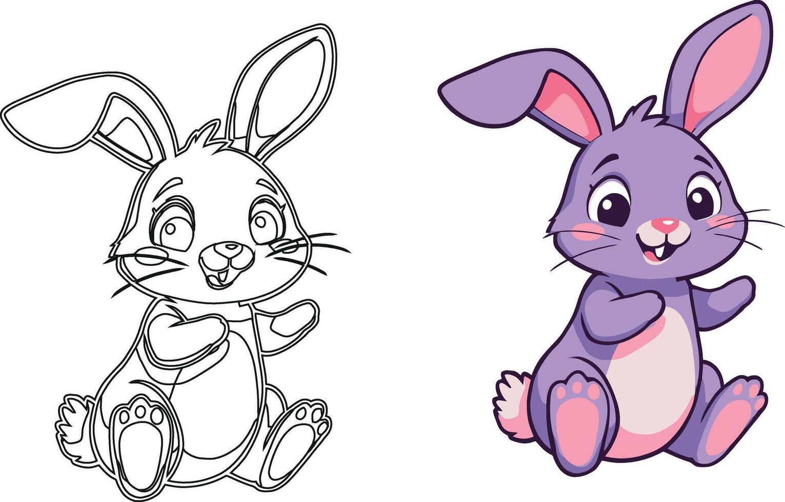 cute purple bunny presenting and smiling with its coloring page version vector