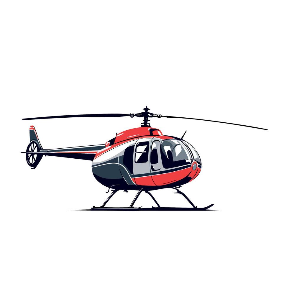 red and grey helicopter standing on landing skids with rotating blades vector