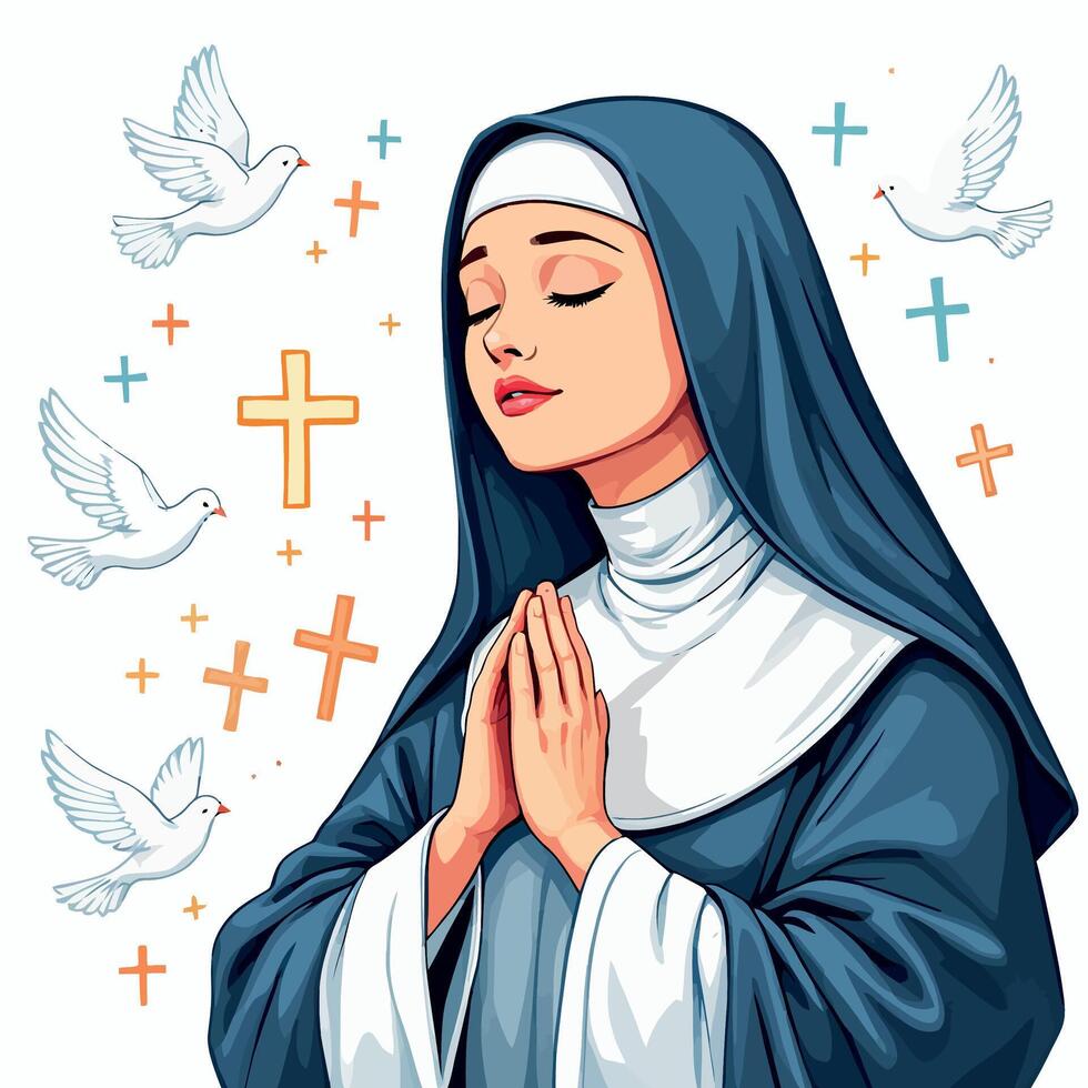 Vsai young nun praying with doves and crosses, a symbol of faith and peace vector
