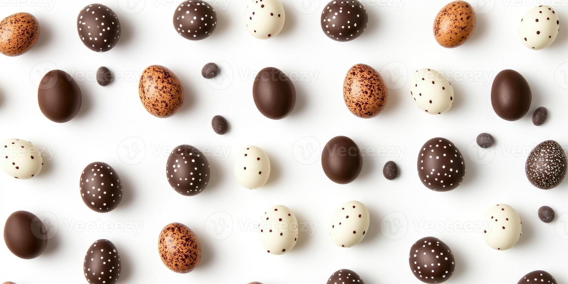 Assorted chocolate eggs pattern on white background for Easter celebration and decoration photo