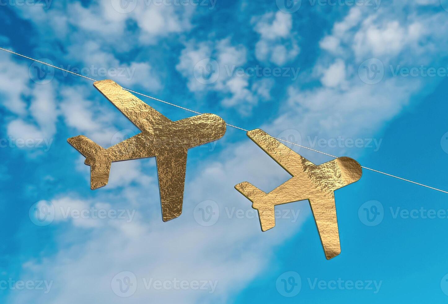 Gold airplane silhouette flying through whimsical clouds, symbolizing luxury and freedom. Surreal, photo