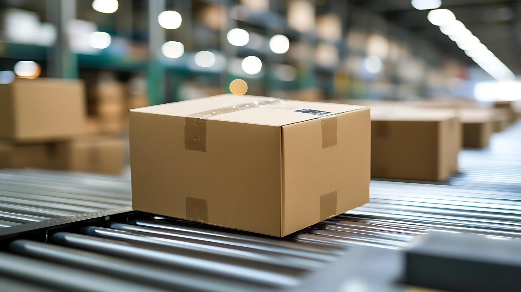 Cardboard Box on Conveyor Belt in Warehouse Setting. A close up image showing a single package in transit. photo