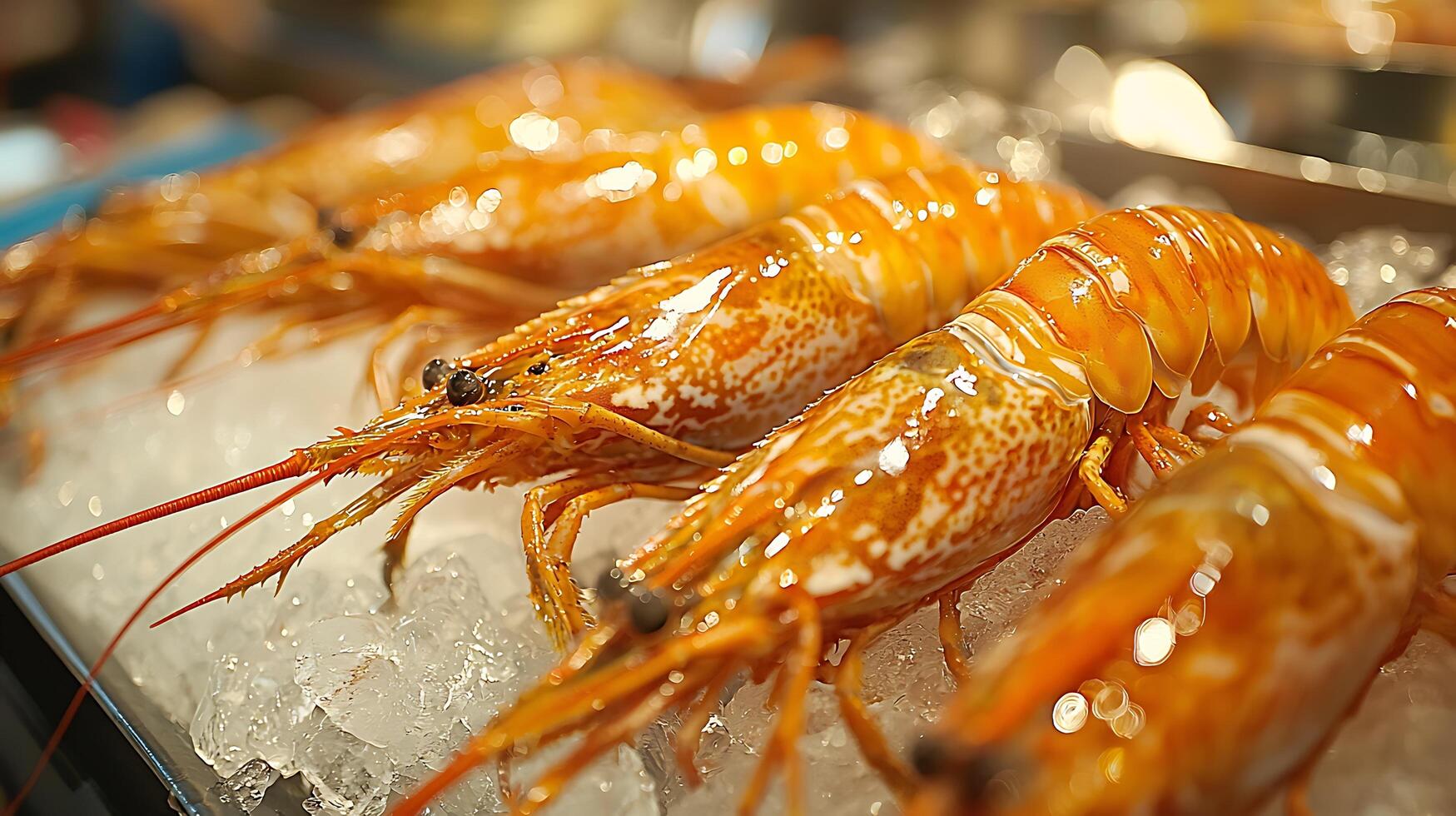 Close Up of Fresh, Raw Shrimp on Ice at a Market. A Detailed Look at the Texture and Color of these Delicious Seafood Delights. photo