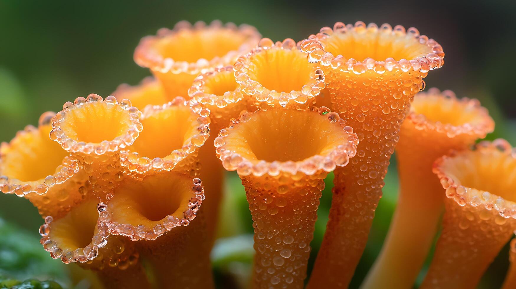 Close Up of Dew-Covered Orange Mushrooms in a Natural Setting. photo