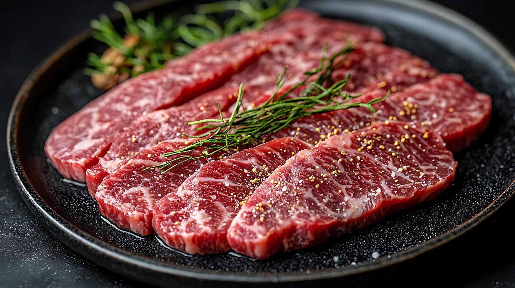 Close up of Raw Marinated Beef Slices Ready for Grilling. photo