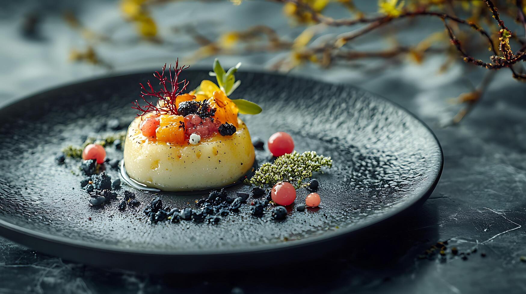 Gourmet Dessert Close Up of Elegant Creamy Custard with Fruit and Garnish on a Dark Plate. photo