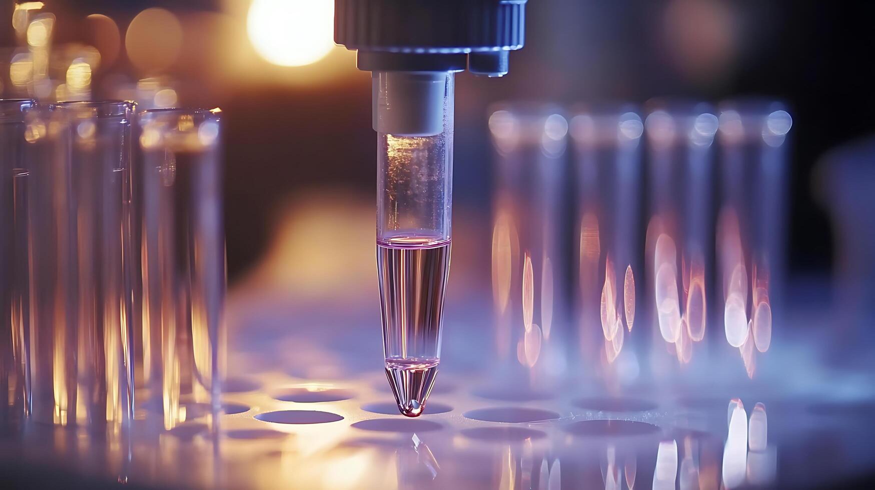 Close Up of Pipette Dispensing Liquid into Test Tubes in a Laboratory Setting. photo