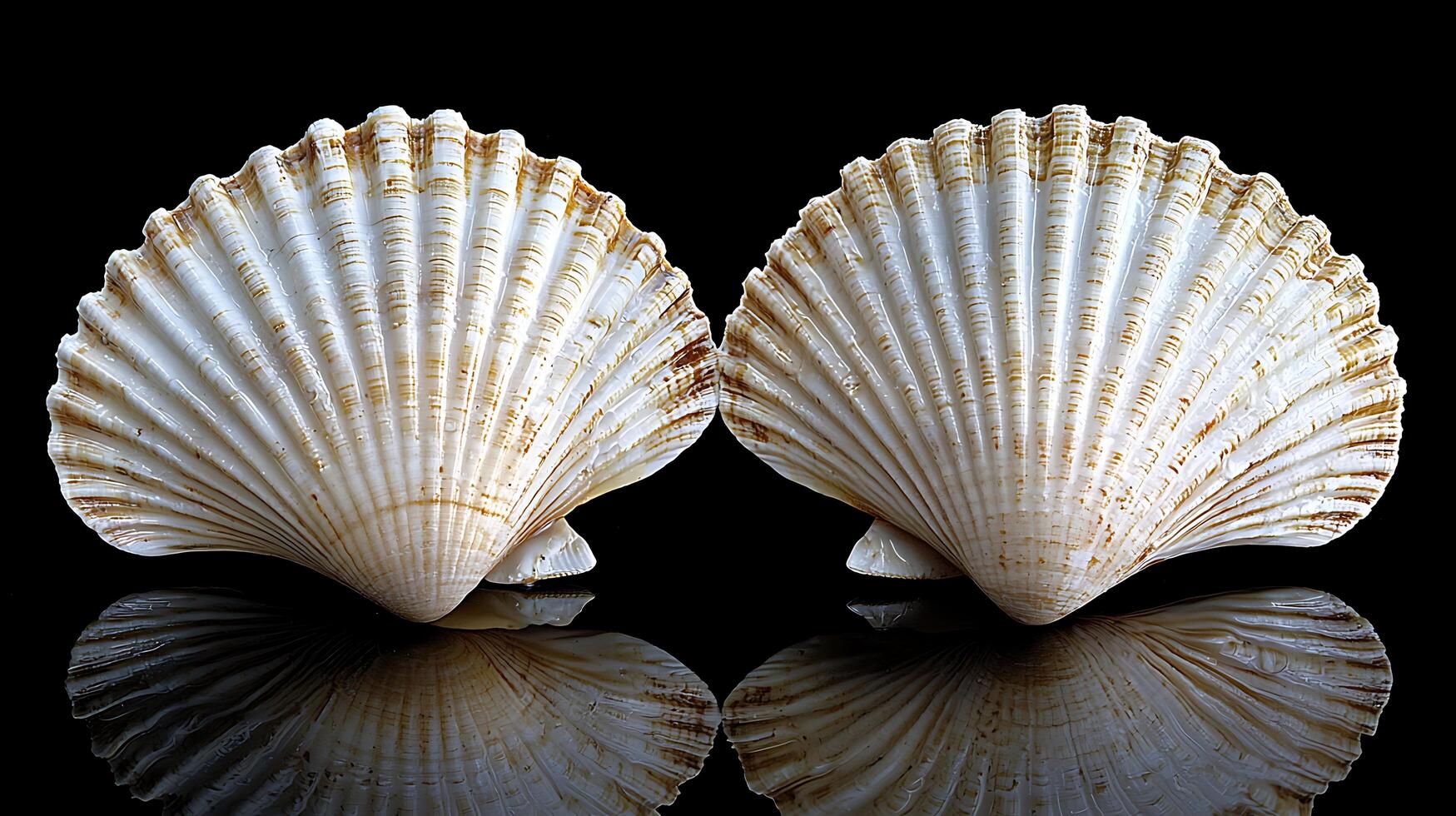 Two Scallops Shells Close Up, Symmetrical Seashells on Black Reflective Surface. photo