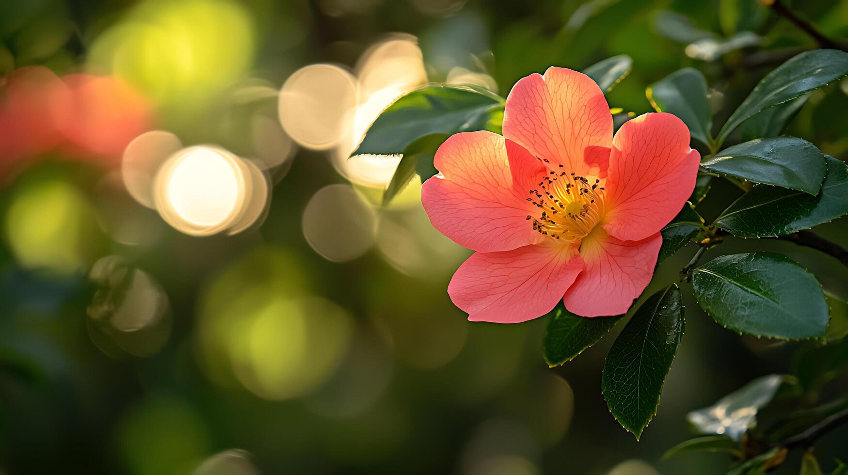A Single Coral-Colored Flower in Soft Sunlight. The delicate petals and vibrant color are highlighted by the bokeh background. photo