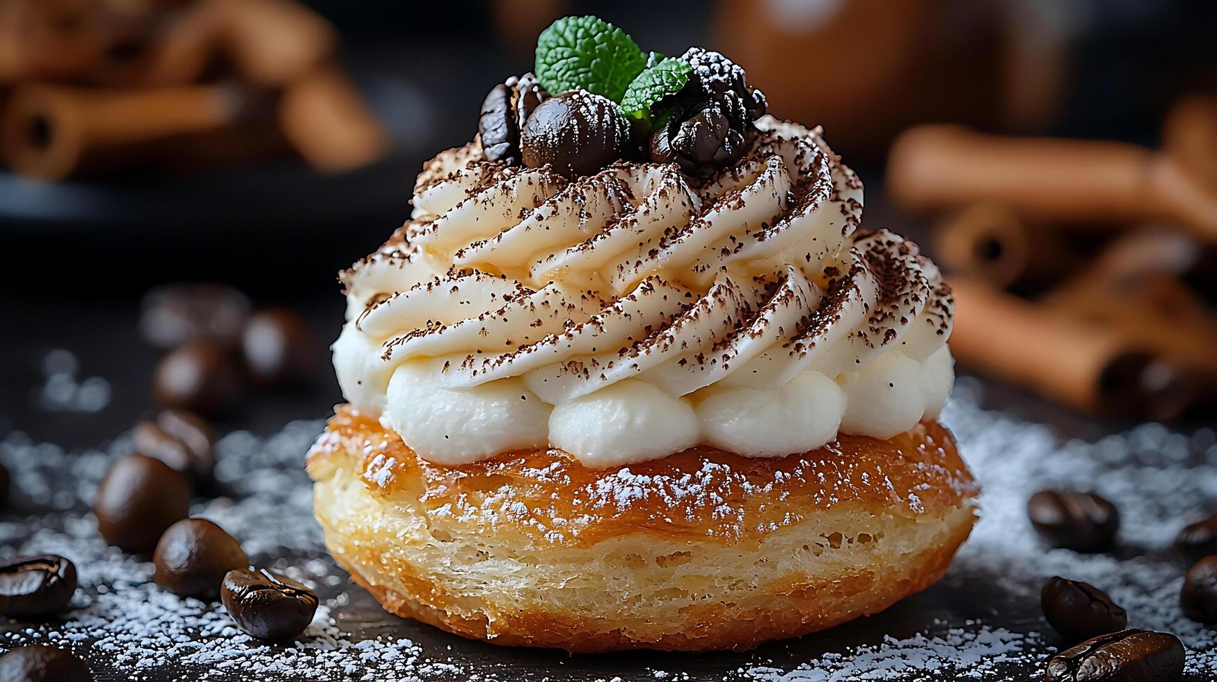 A pastry topped with whipped cream and cinnamon photo