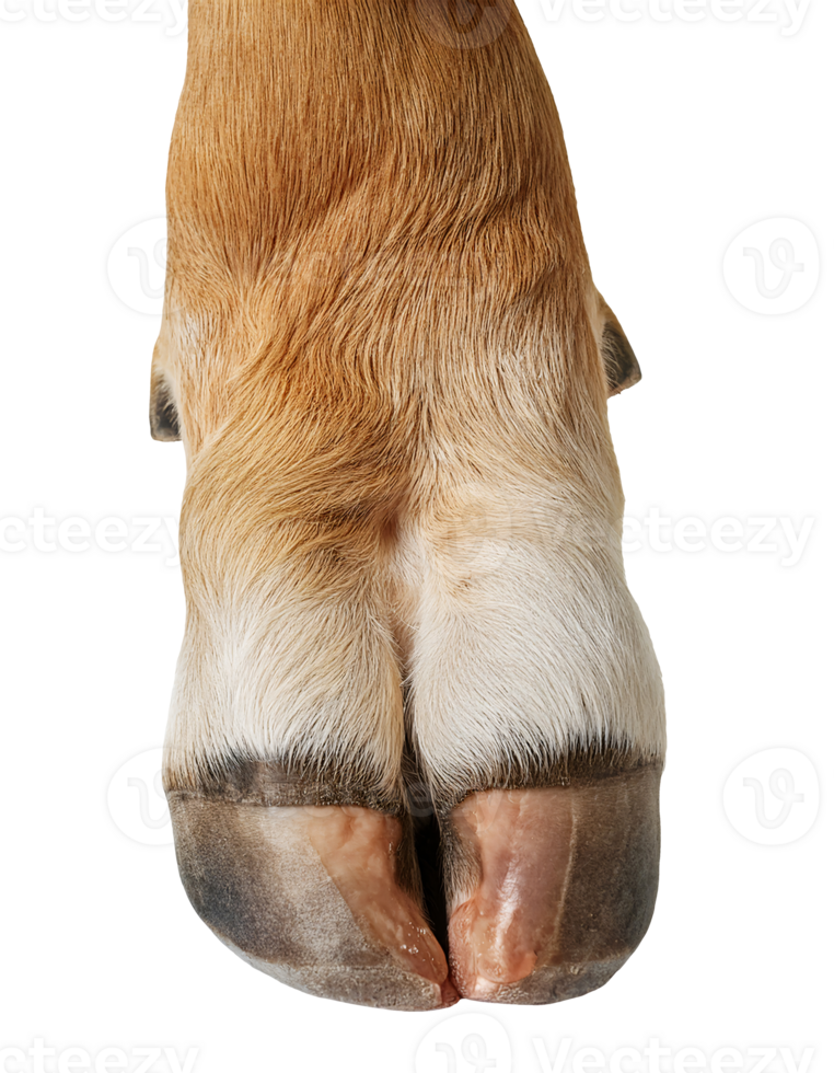 healthy cow hoof close-up with smooth cloven toe and light brown fur on isolated background for modern farm and livestock care concept png