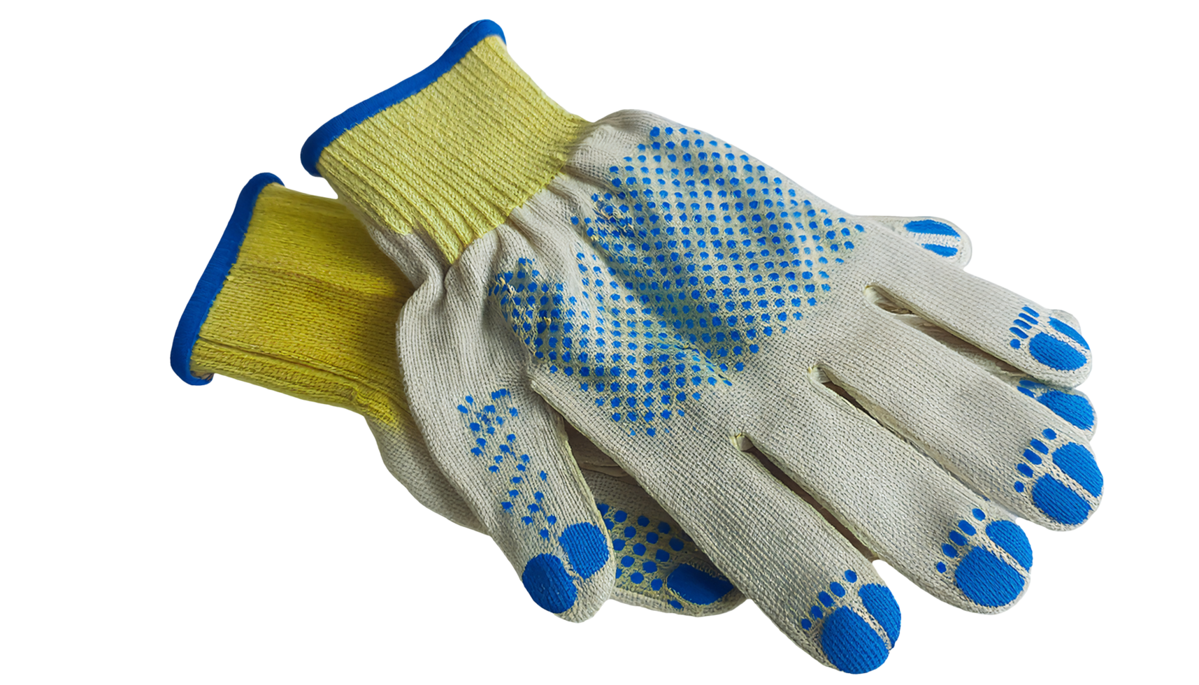 pair of industrial cotton work gloves with blue rubber grip dots for safety protection on isolated background heavy duty equipment png