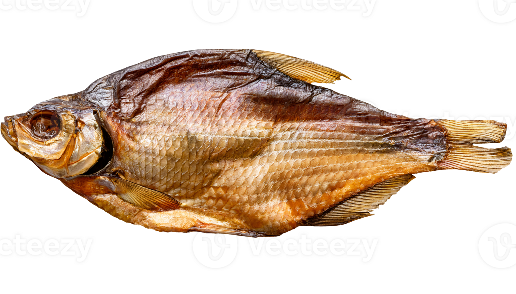 sweetened dried whole fish with crispy texture and golden brown surface on isolated background for local food packaging and asian cuisine concepts png