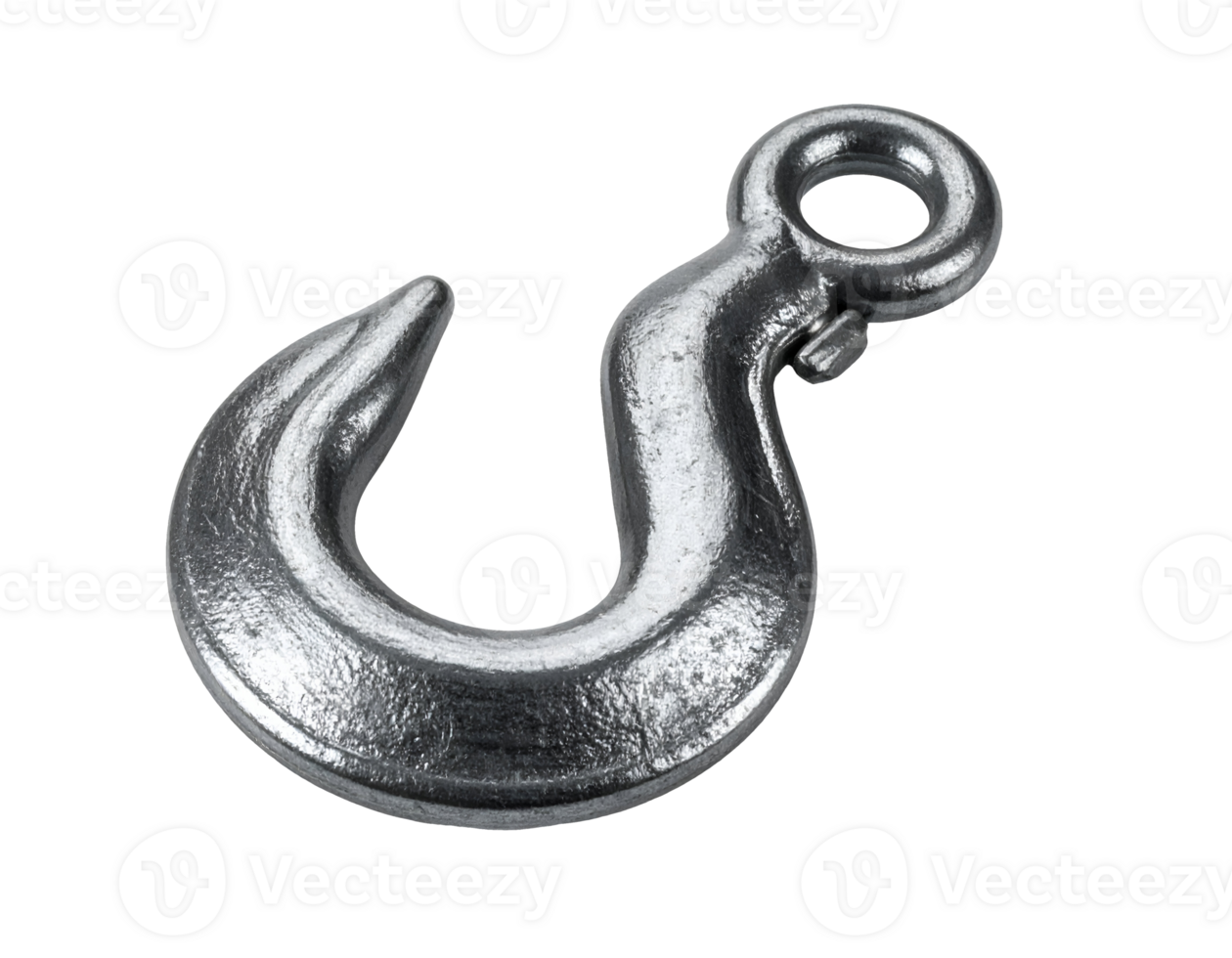 heavy duty industrial iron hook with metallic texture and circular eyelet on isolated background for construction and mechanical equipment use png