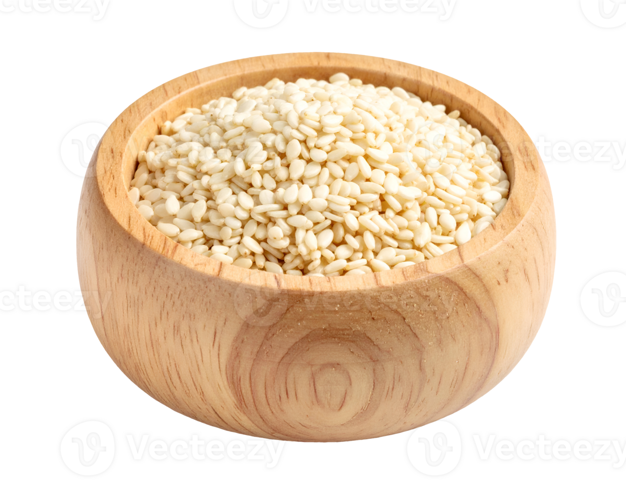 white sesame seeds in round wooden bowl on isolated background png