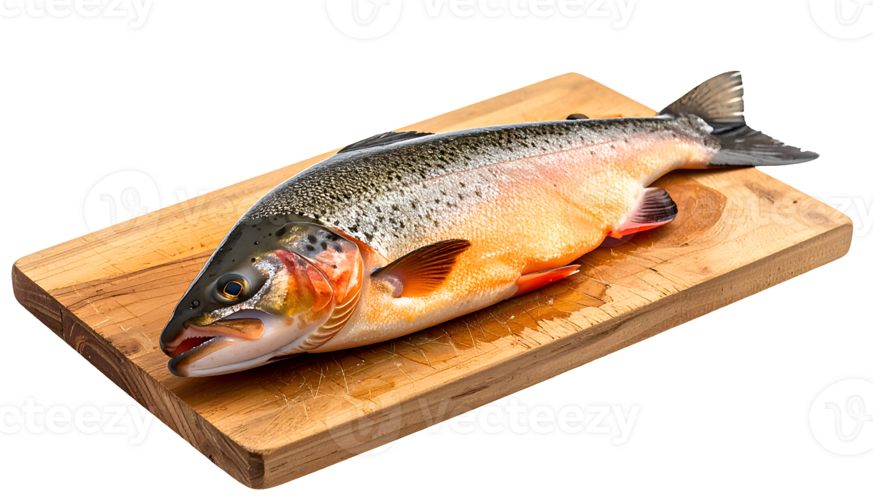 fresh raw trout fish on wooden cutting board on isolated background png
