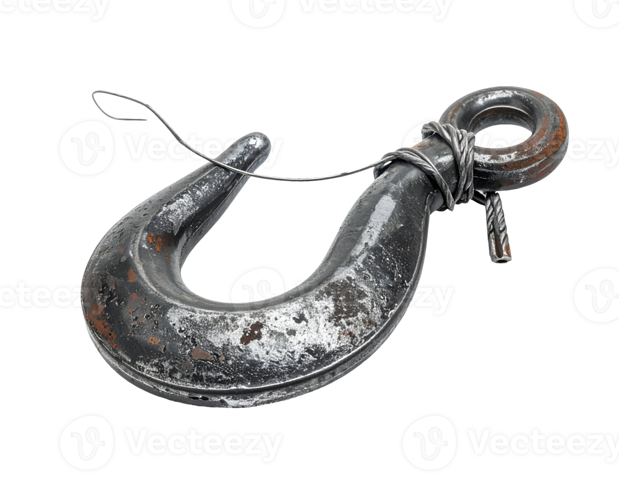 old rusty forged iron hook with wire wrap and corrosion texture on isolated background png
