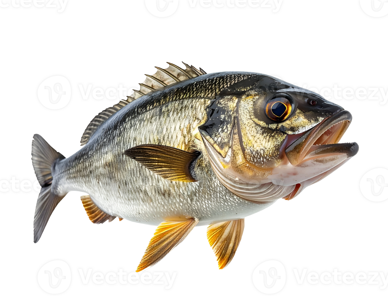 realistic close-up of a golden smiling fish with detailed scales and open mouth on isolated background for seafood and nature concept png