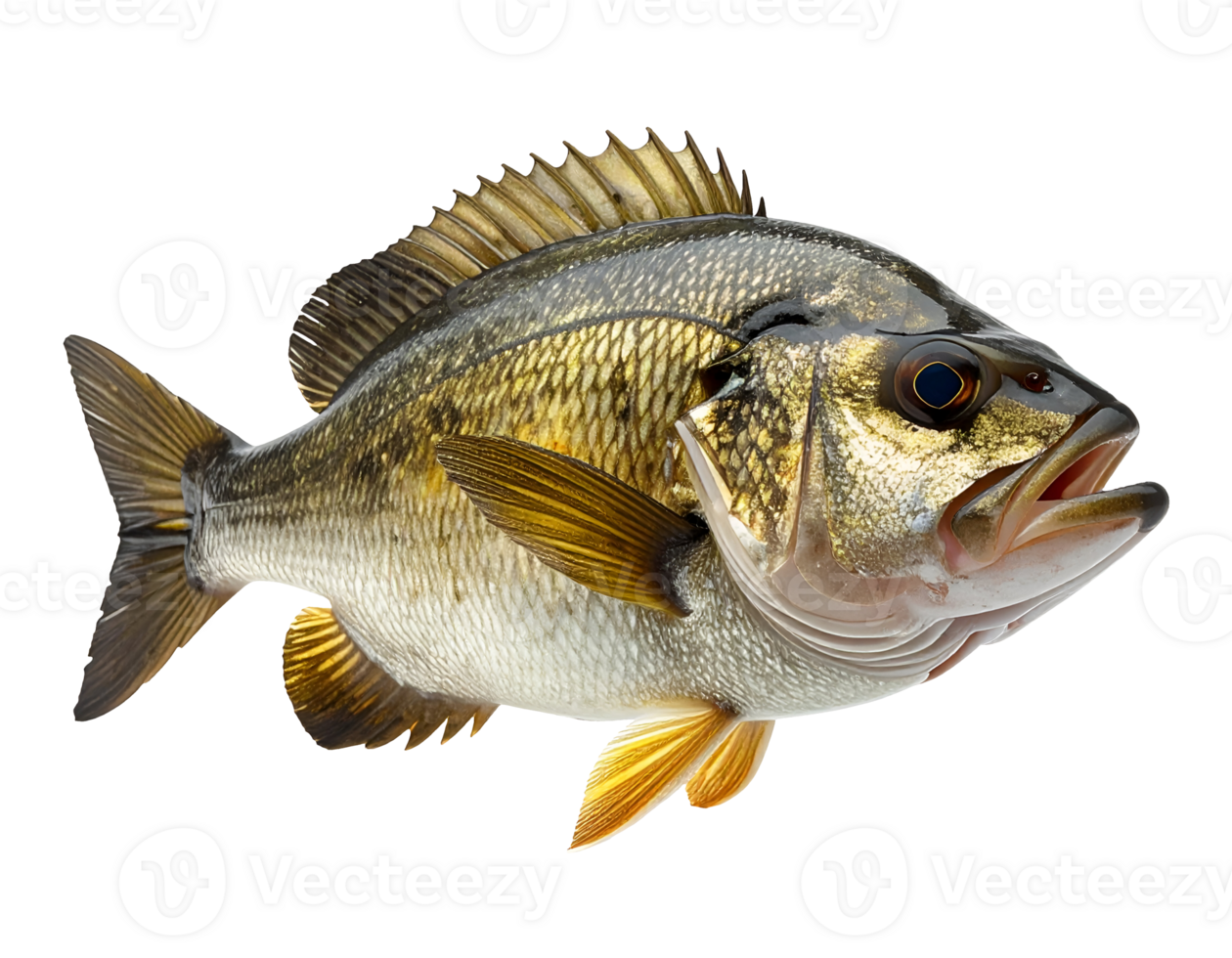 realistic close-up of a smiling fish with golden scales and open mouth on isolated background for seafood and nature theme png