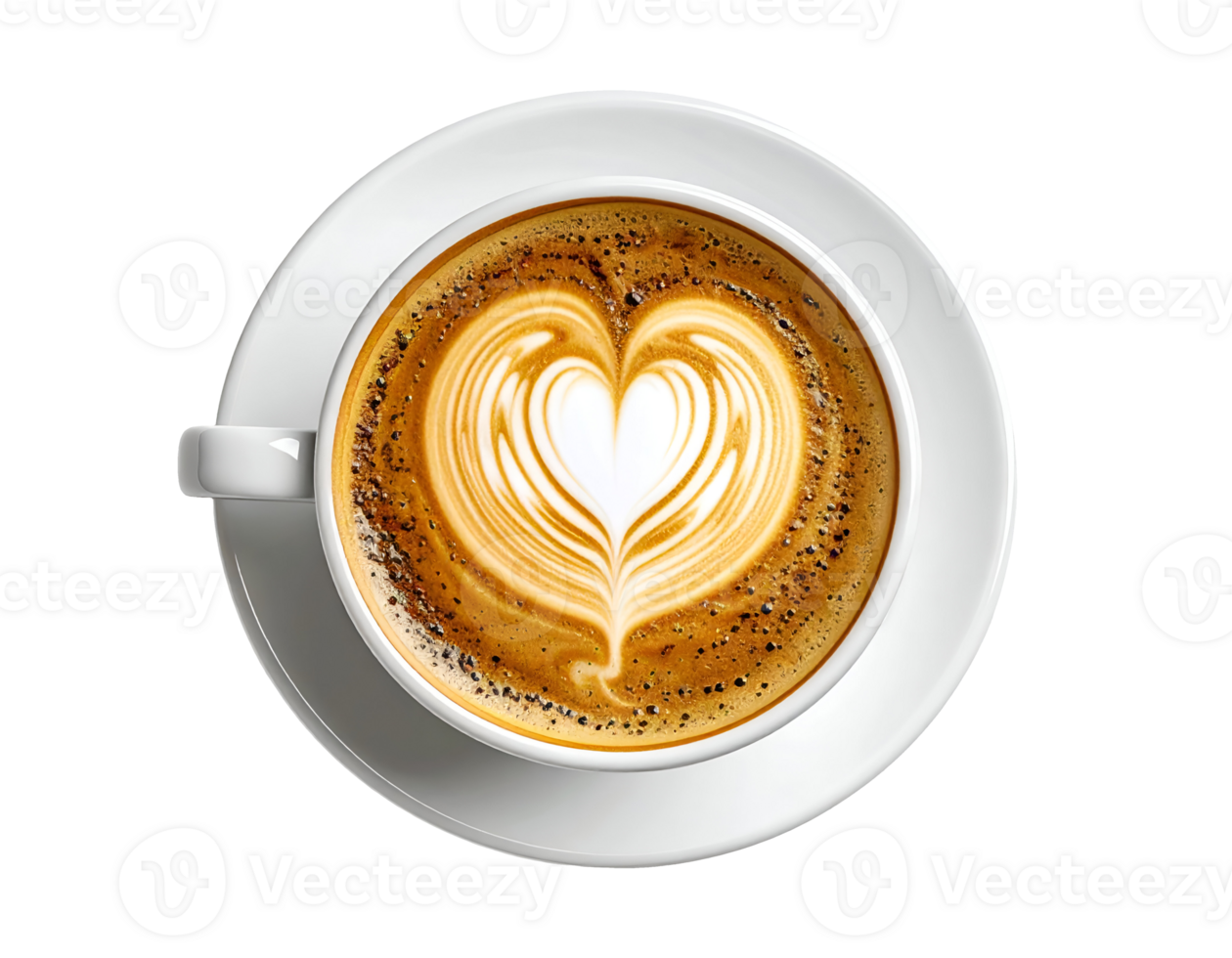 top view of heart pattern latte art in white coffee cup and saucer on isolated background for cafe menu and barista design png
