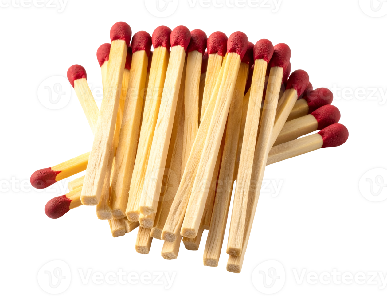 realistic close-up of scattered wooden matches with red heads on isolated background png