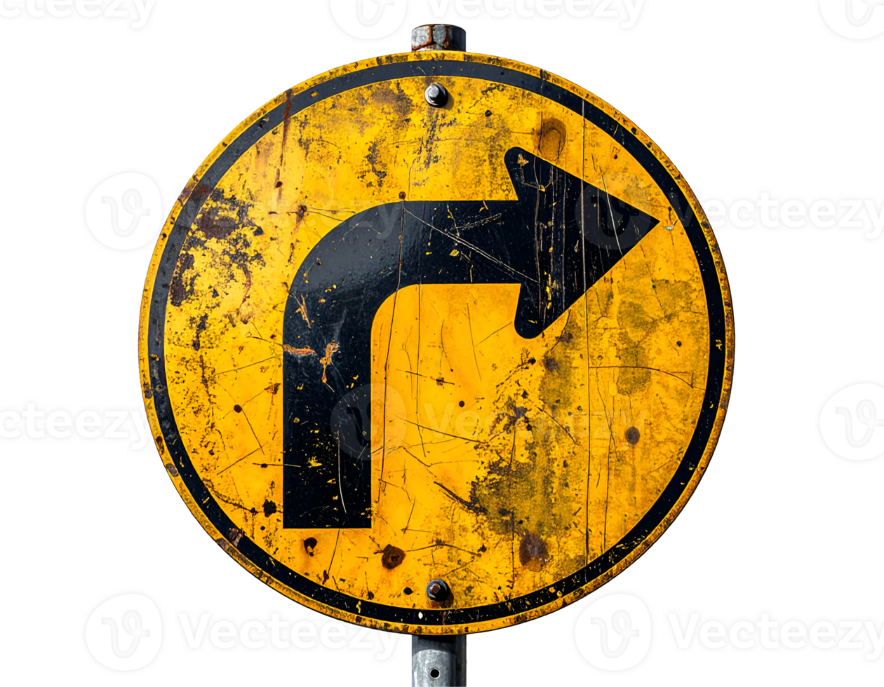 vintage weathered right curve ahead road sign with rust stains and scratches on isolated background for industrial and traffic theme png